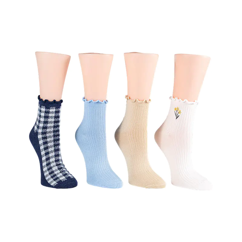 Tadyang W/ Binordang Bulaklak/ Ginghamlettuce Welt Anklet 4ppk Socks