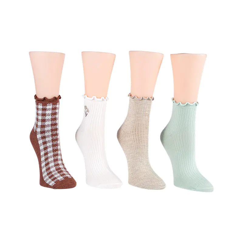 Tadyang W/ Binordang Bulaklak/ Ginghamlettuce Welt Anklet 4ppk Socks
