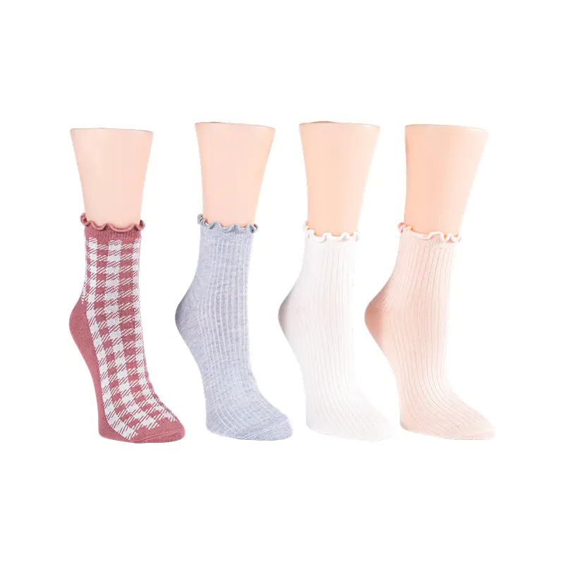 Tadyang W/ Binordang Bulaklak/ Ginghamlettuce Welt Anklet 4ppk Socks